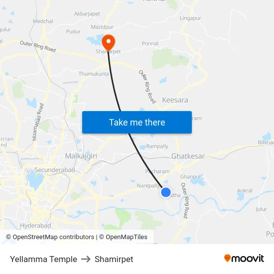 Yellamma Temple to Shamirpet map