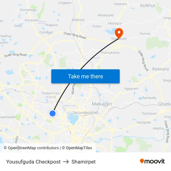 Yousufguda Checkpost to Shamirpet map