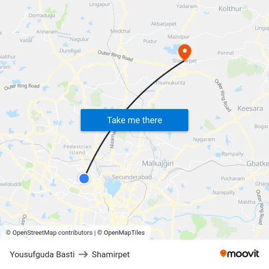 Yousufguda Basti to Shamirpet map