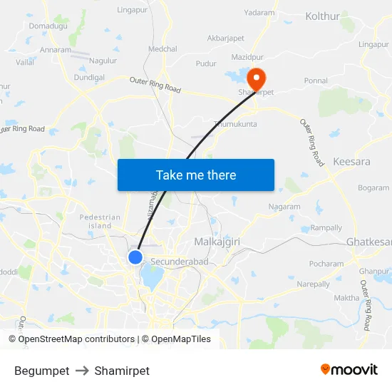 Begumpet to Shamirpet map