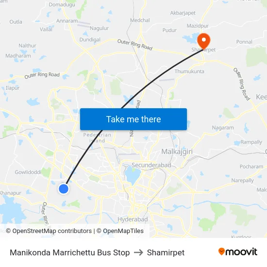 Manikonda Marrichettu Bus Stop to Shamirpet map