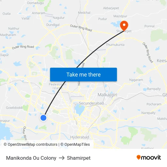 Manikonda Ou Colony to Shamirpet map