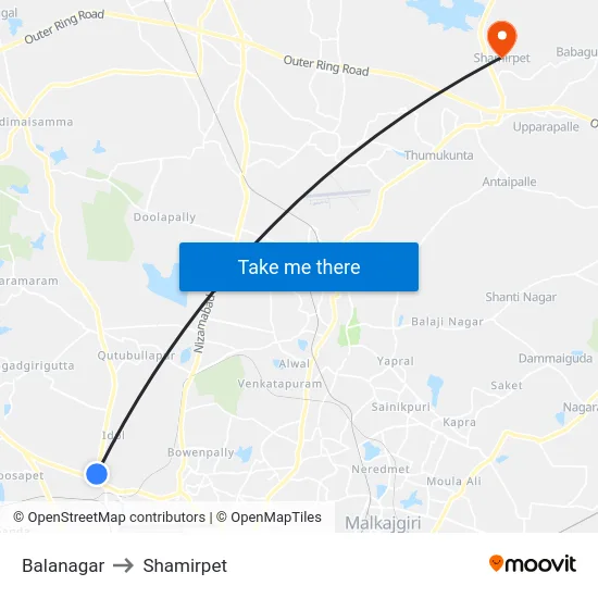 Balanagar to Shamirpet map
