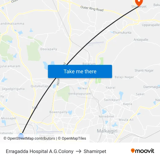 Erragadda Hospital A.G.Colony to Shamirpet map