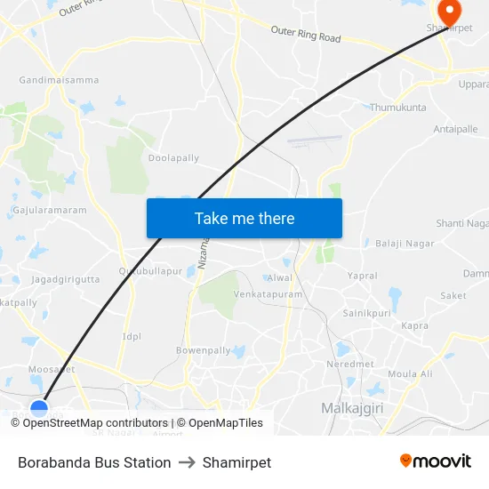 Borabanda Bus Station to Shamirpet map