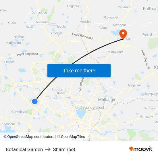 Botanical Garden to Shamirpet map