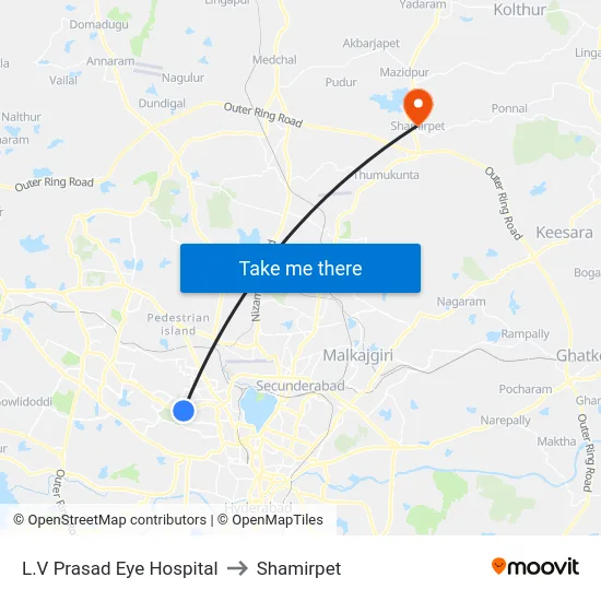 L.V Prasad Eye Hospital to Shamirpet map