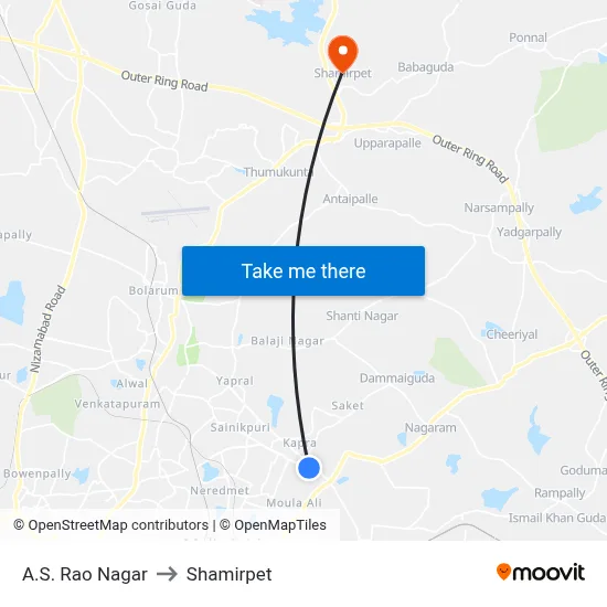 A.S. Rao Nagar to Shamirpet map
