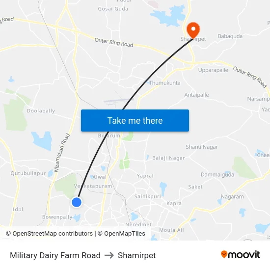Military Dairy Farm Road to Shamirpet map