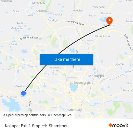 Kokapet Exit 1 Stop to Shamirpet map