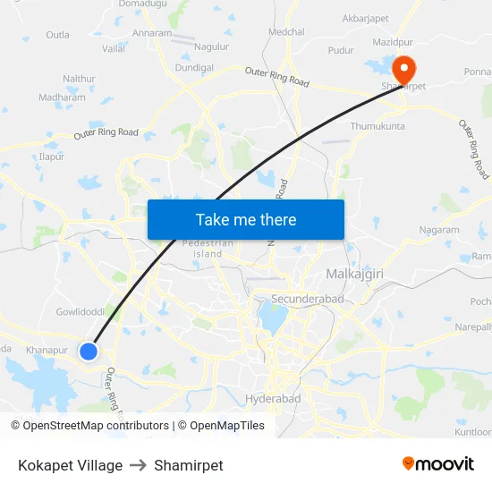 Kokapet Village to Shamirpet map