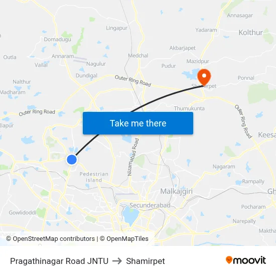 Pragathinagar Road JNTU to Shamirpet map