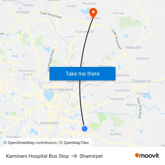 Kamineni Hospital Bus Stop to Shamirpet map