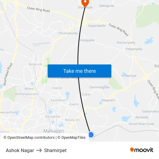 Ashok Nagar to Shamirpet map