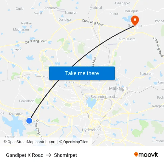 Gandipet X Road to Shamirpet map