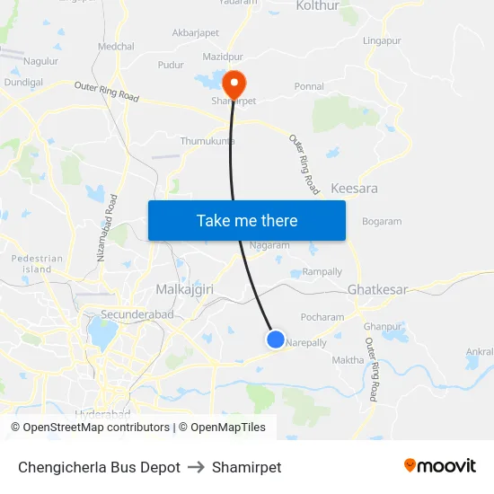 Chengicherla Bus Depot to Shamirpet map