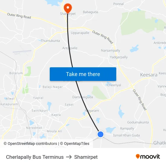 Cherlapally Bus Terminus to Shamirpet map