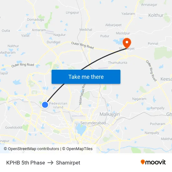 KPHB 5th Phase to Shamirpet map