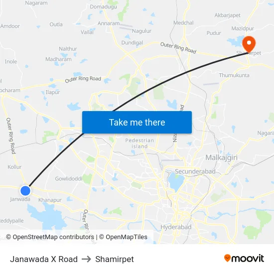 Janawada X Road to Shamirpet map