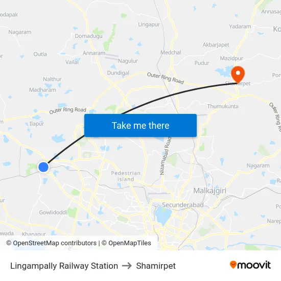 Lingampally Railway Station to Shamirpet map