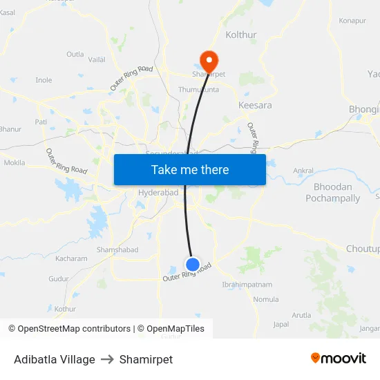 Adibatla Village to Shamirpet map