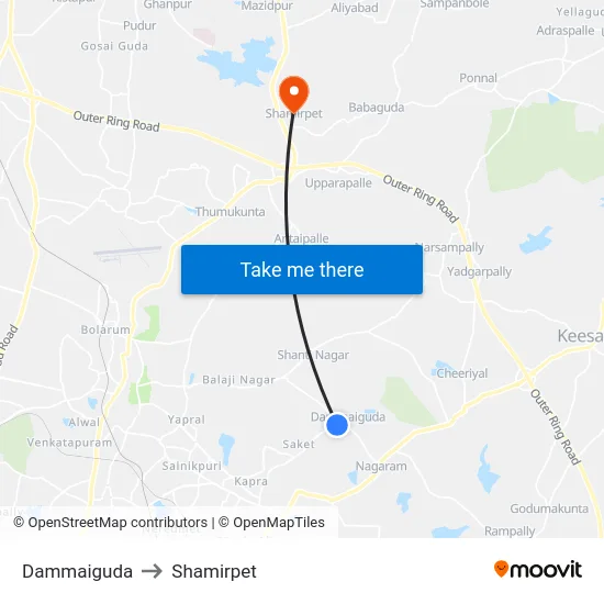 Dammaiguda to Shamirpet map