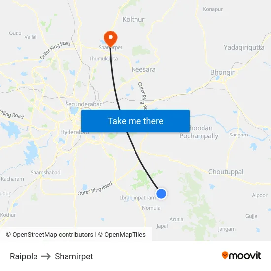 Raipole to Shamirpet map