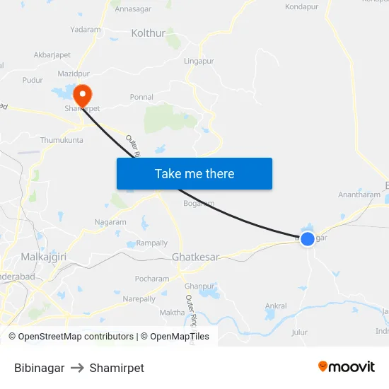 Bibinagar to Shamirpet map