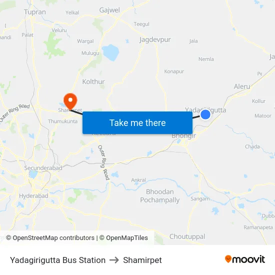 Yadagirigutta Bus Station to Shamirpet map