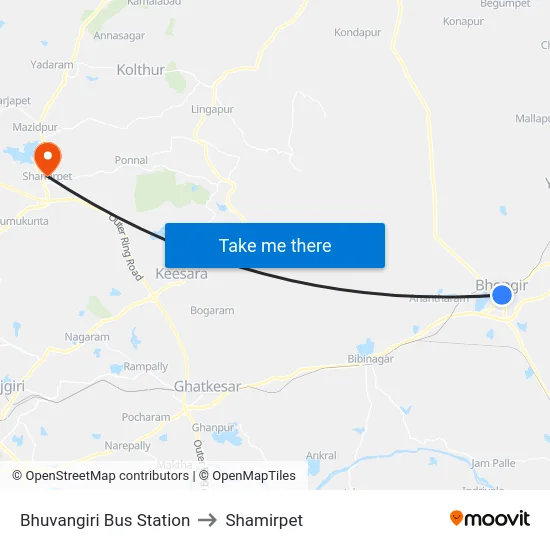 Bhuvangiri Bus Station to Shamirpet map