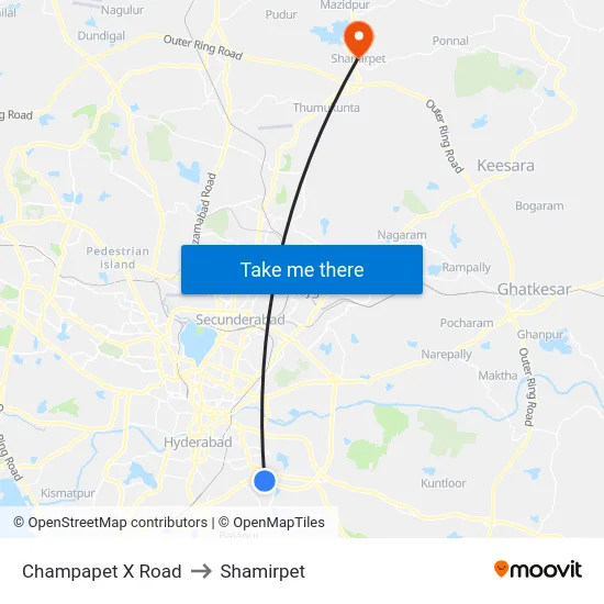 Champapet X Road to Shamirpet map