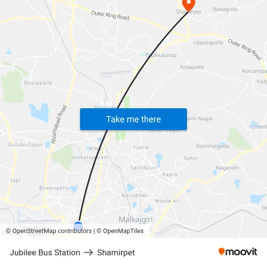 Jubilee Bus Station to Shamirpet map