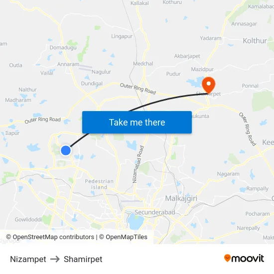 Nizampet to Shamirpet map