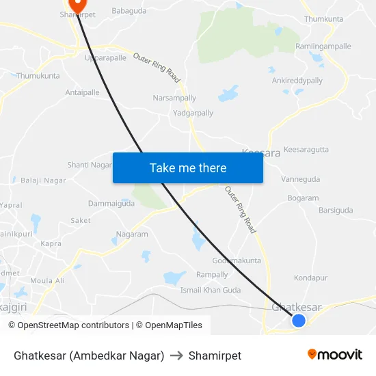 Ghatkesar (Ambedkar Nagar) to Shamirpet map