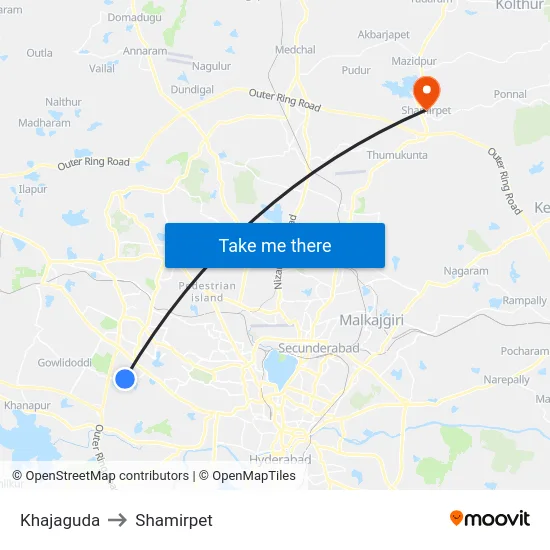 Khajaguda to Shamirpet map