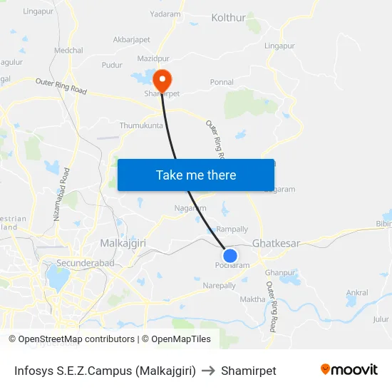 Infosys S.E.Z.Campus (Malkajgiri) to Shamirpet map