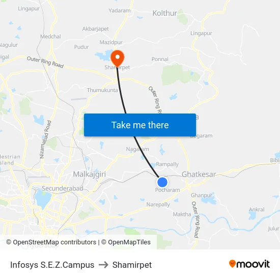 Infosys S.E.Z.Campus to Shamirpet map