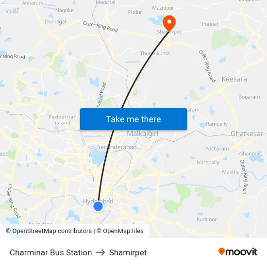 Charminar Bus Station to Shamirpet map