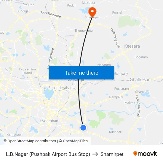 L.B.Nagar (Pushpak Airport Bus Stop) to Shamirpet map