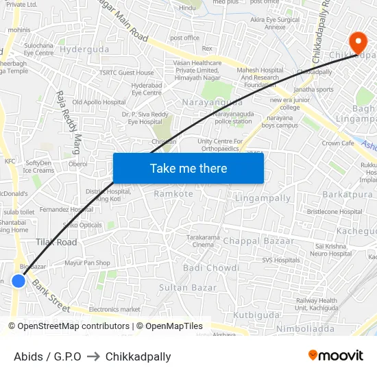 Abids / G.P.O to Chikkadpally map