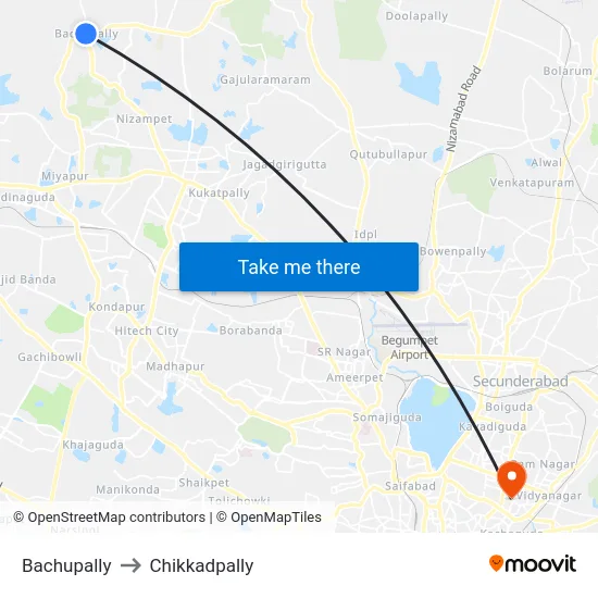 Bachupally to Chikkadpally map