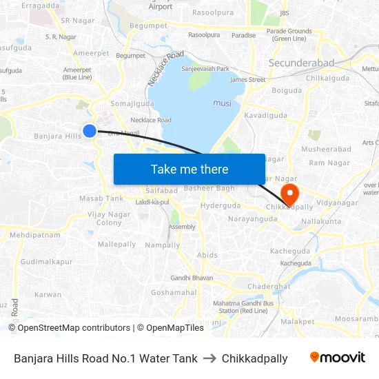 Banjara Hills Road No.1 Water Tank to Chikkadpally map