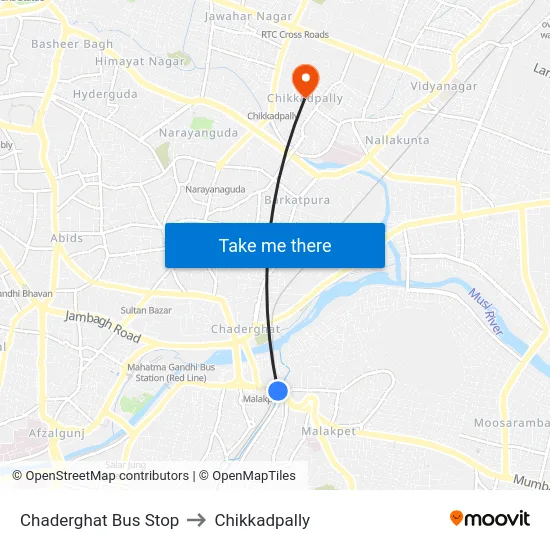 Chaderghat Bus Stop to Chikkadpally map