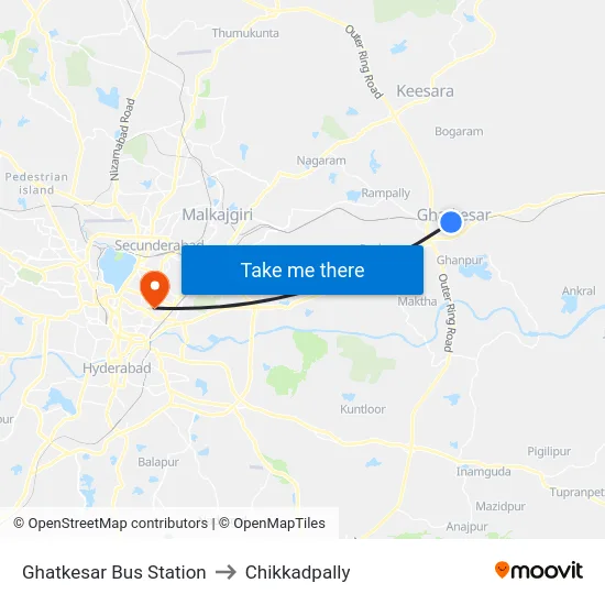 Ghatkesar Bus Station to Chikkadpally map
