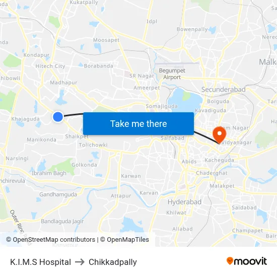 K.I.M.S Hospital to Chikkadpally map