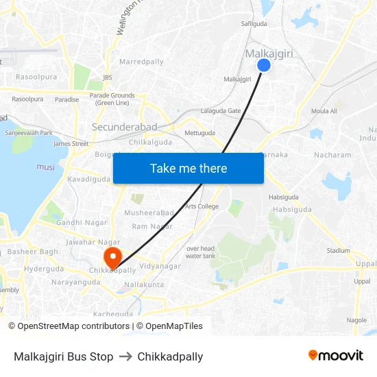 Malkajgiri Bus Stop to Chikkadpally map