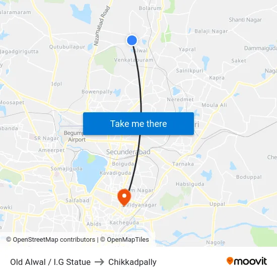 Old Alwal / I.G Statue to Chikkadpally map