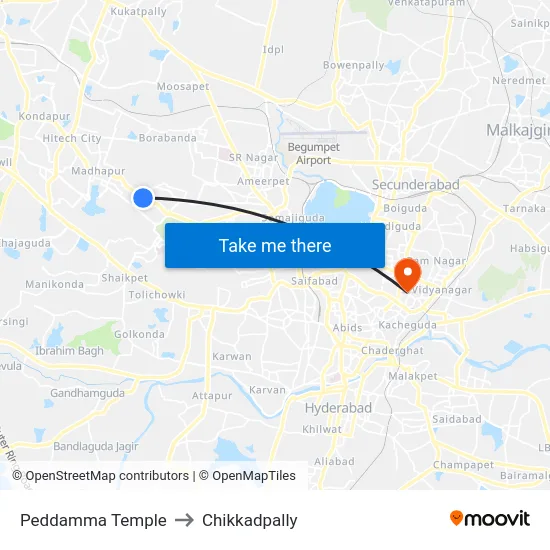 Peddamma Temple to Chikkadpally map