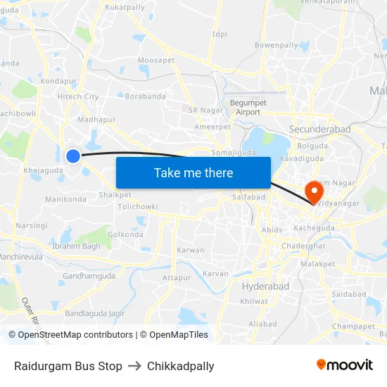 Raidurgam Bus Stop to Chikkadpally map