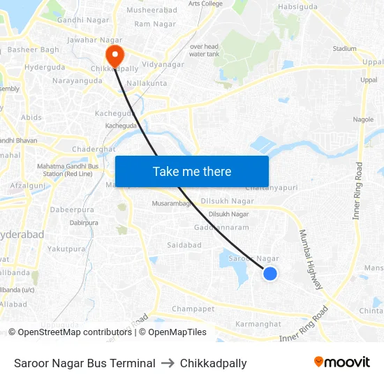 Saroor Nagar Bus Terminal to Chikkadpally map